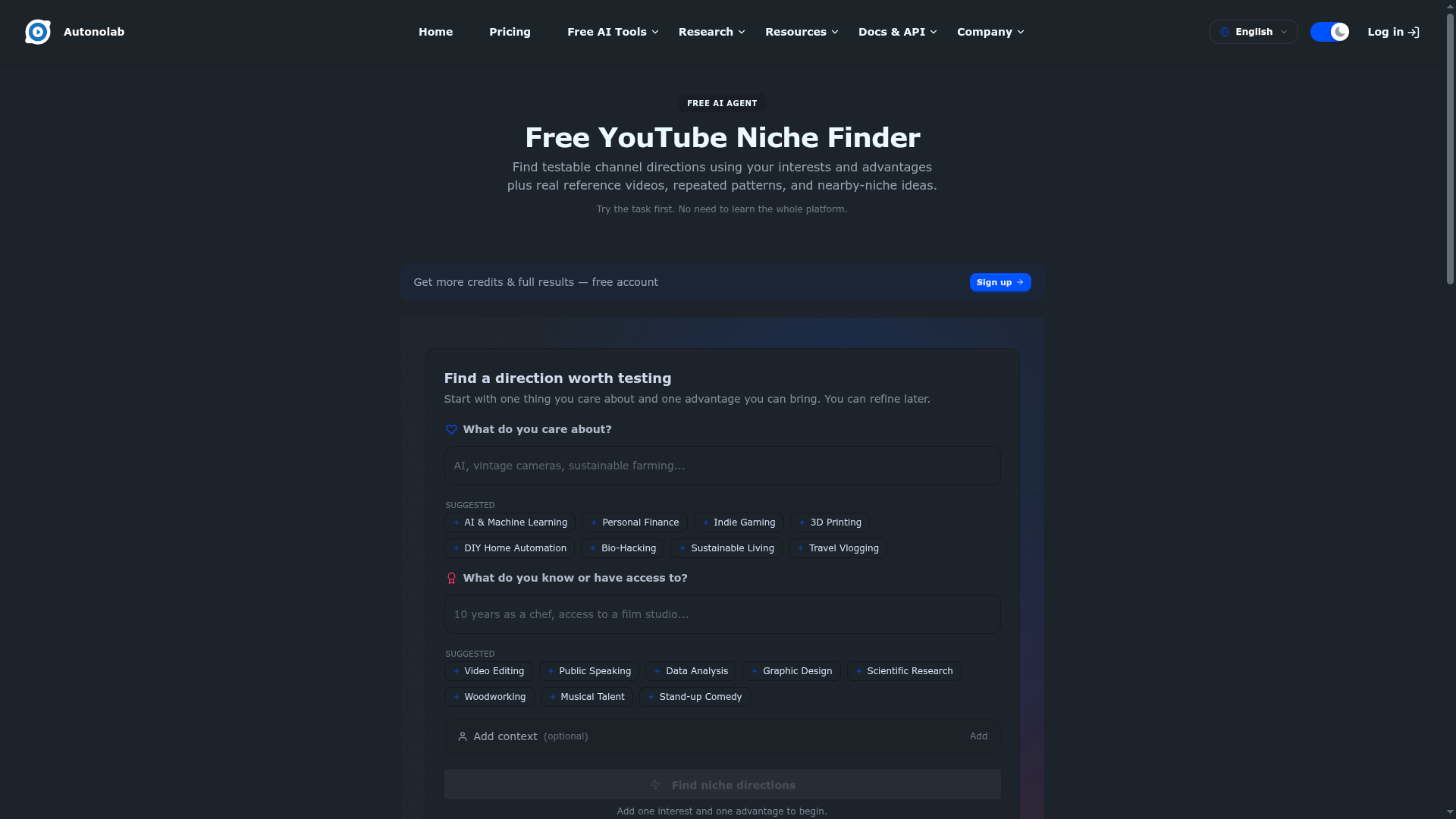 Autonolab free YouTube niche finder tool interface